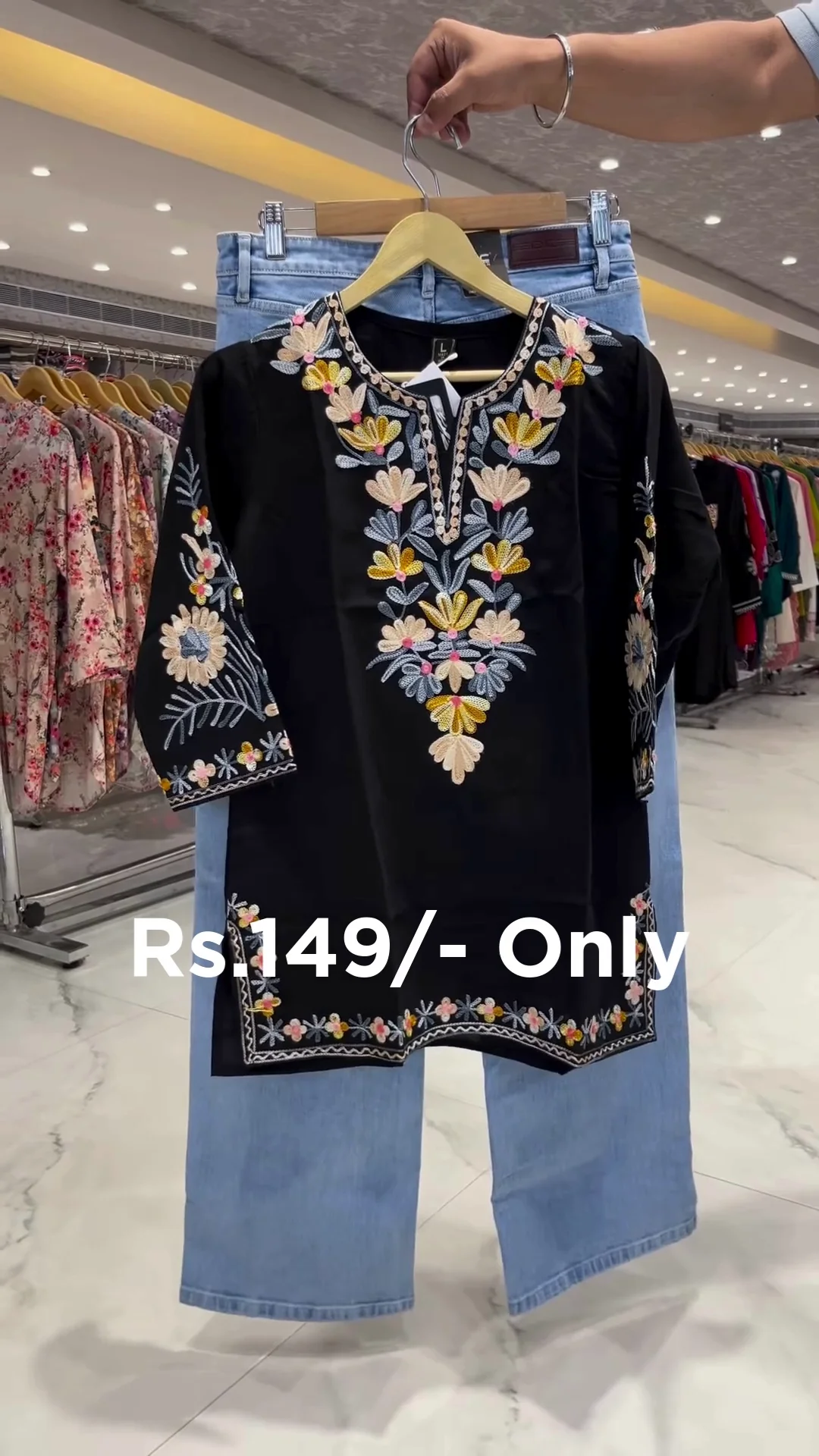 Elegant Black Embroidered Kurti with Denim full Combo