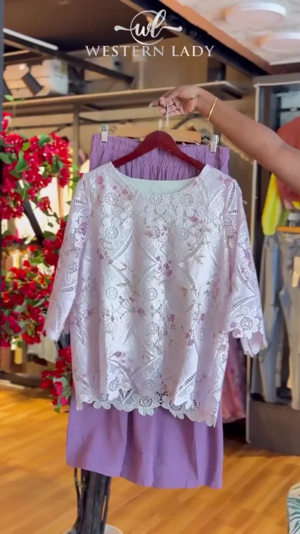 Lace Bloom Top in White & Lavender Skirt