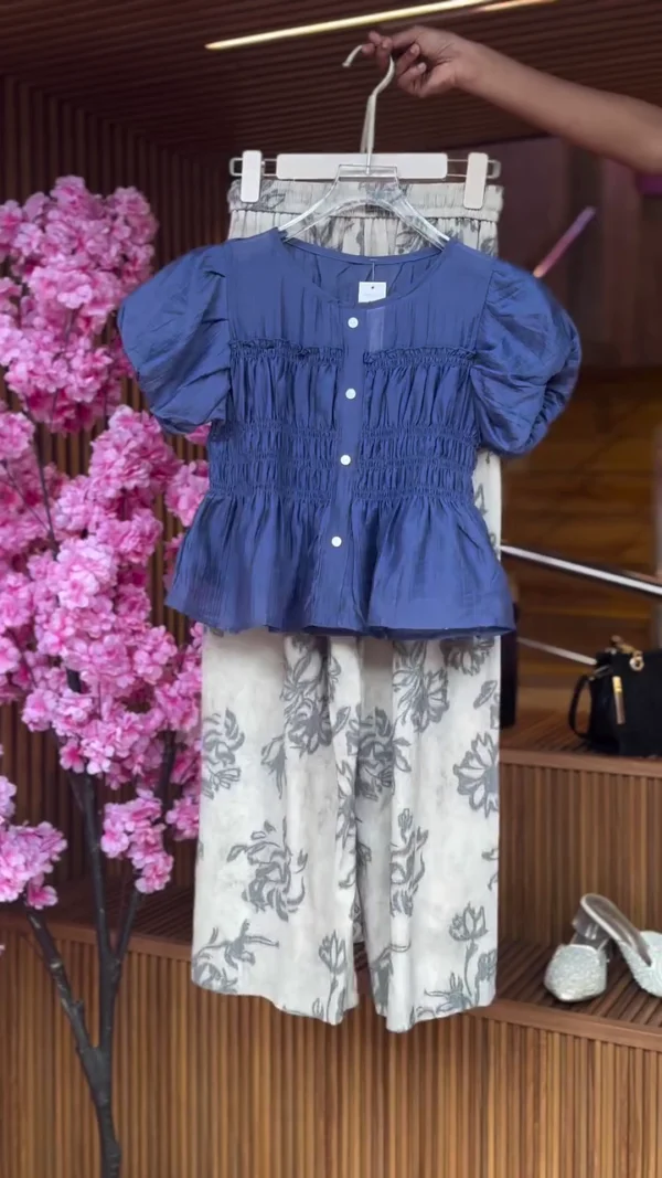 Gathered Button Blouse in Sky & Wide-Leg Floral Pants in Mist