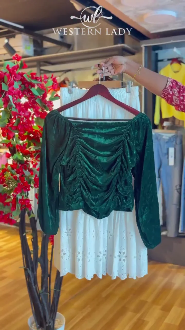 Pleated Bodice Blouse in Olive & Embroidered Tulle Hem